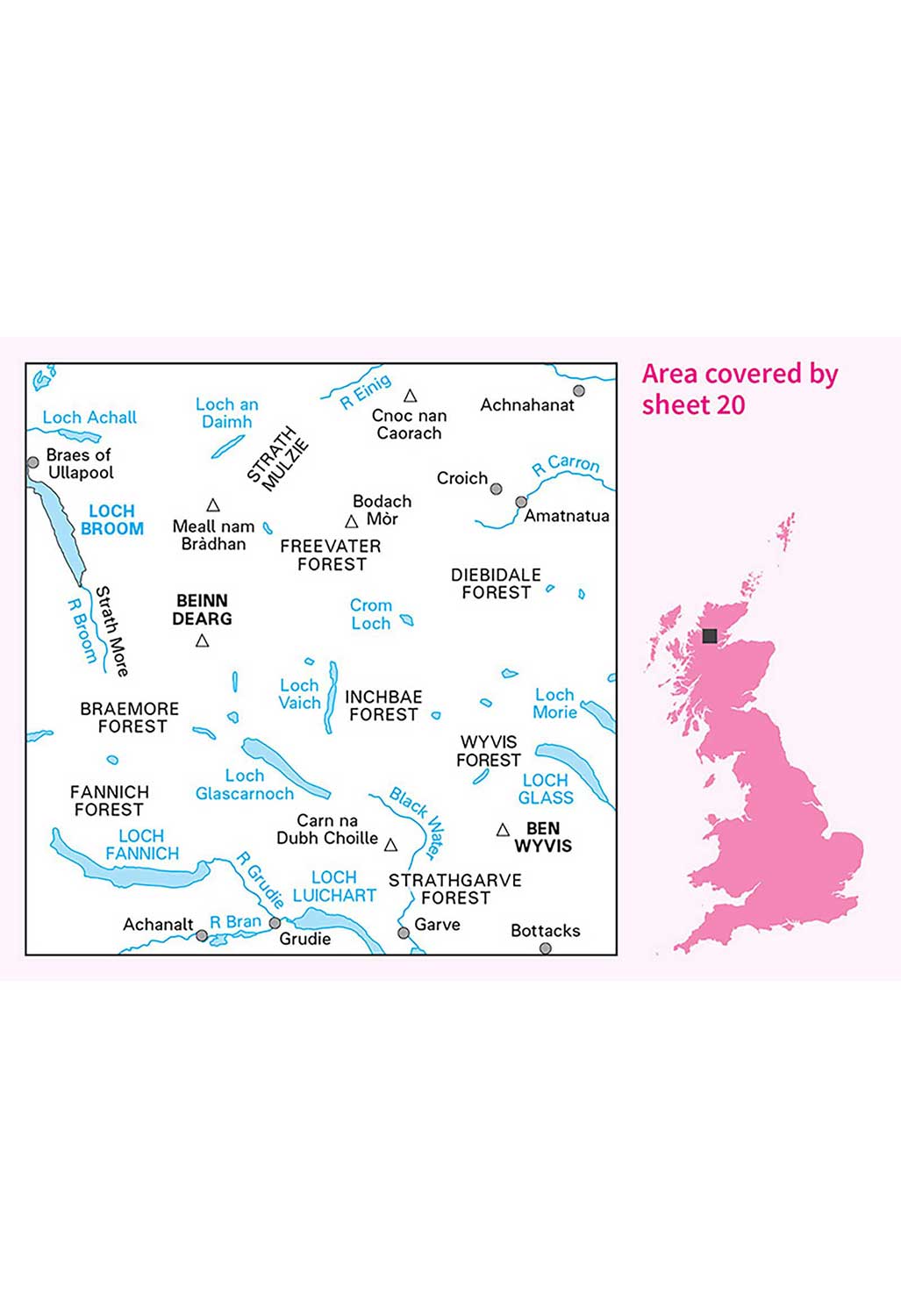 Ordnance Survey Beinn Dearg, Loch Broom & Ben Wyvis - Landranger 20 Map