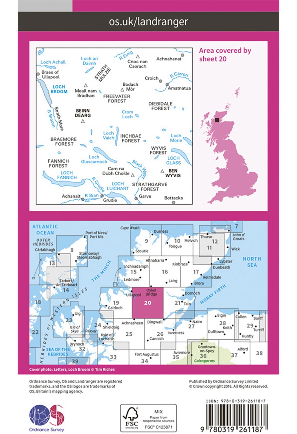 Ordnance Survey Beinn Dearg, Loch Broom & Ben Wyvis - Landranger 20 Map