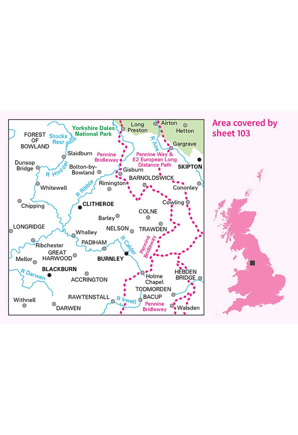 Ordnance Survey Blackburn, Burnley, Clitheroe & Skipton - Landranger 103 Map