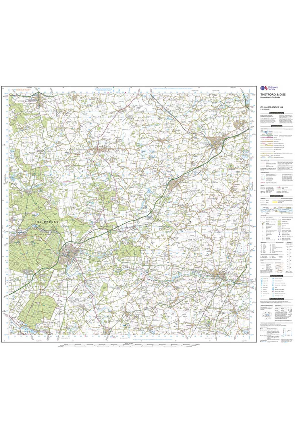 Ordnance Survey Thetford, Diss, Breckland & Wymondham - Landranger 144 Map