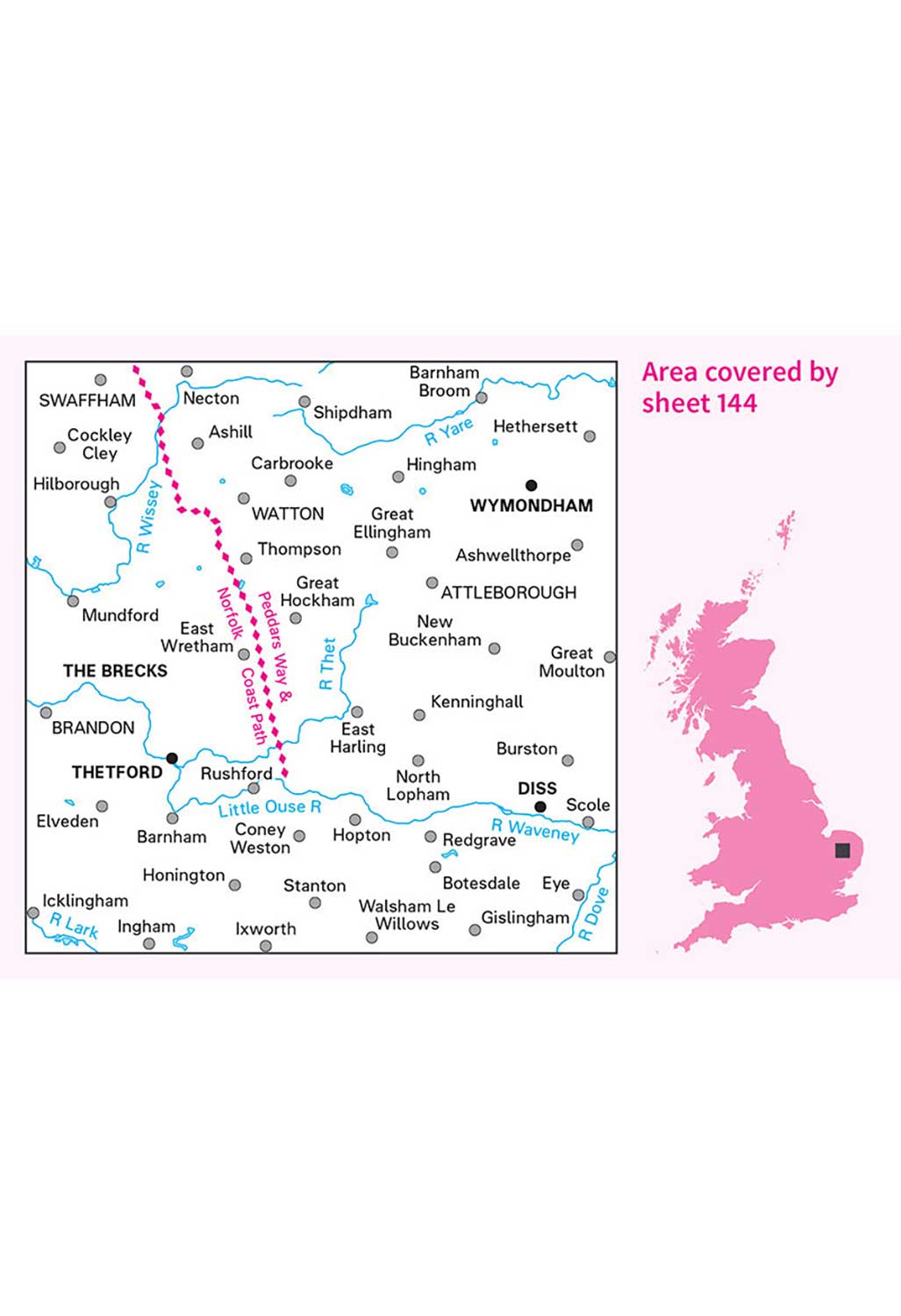 Ordnance Survey Thetford, Diss, Breckland & Wymondham - Landranger 144 Map