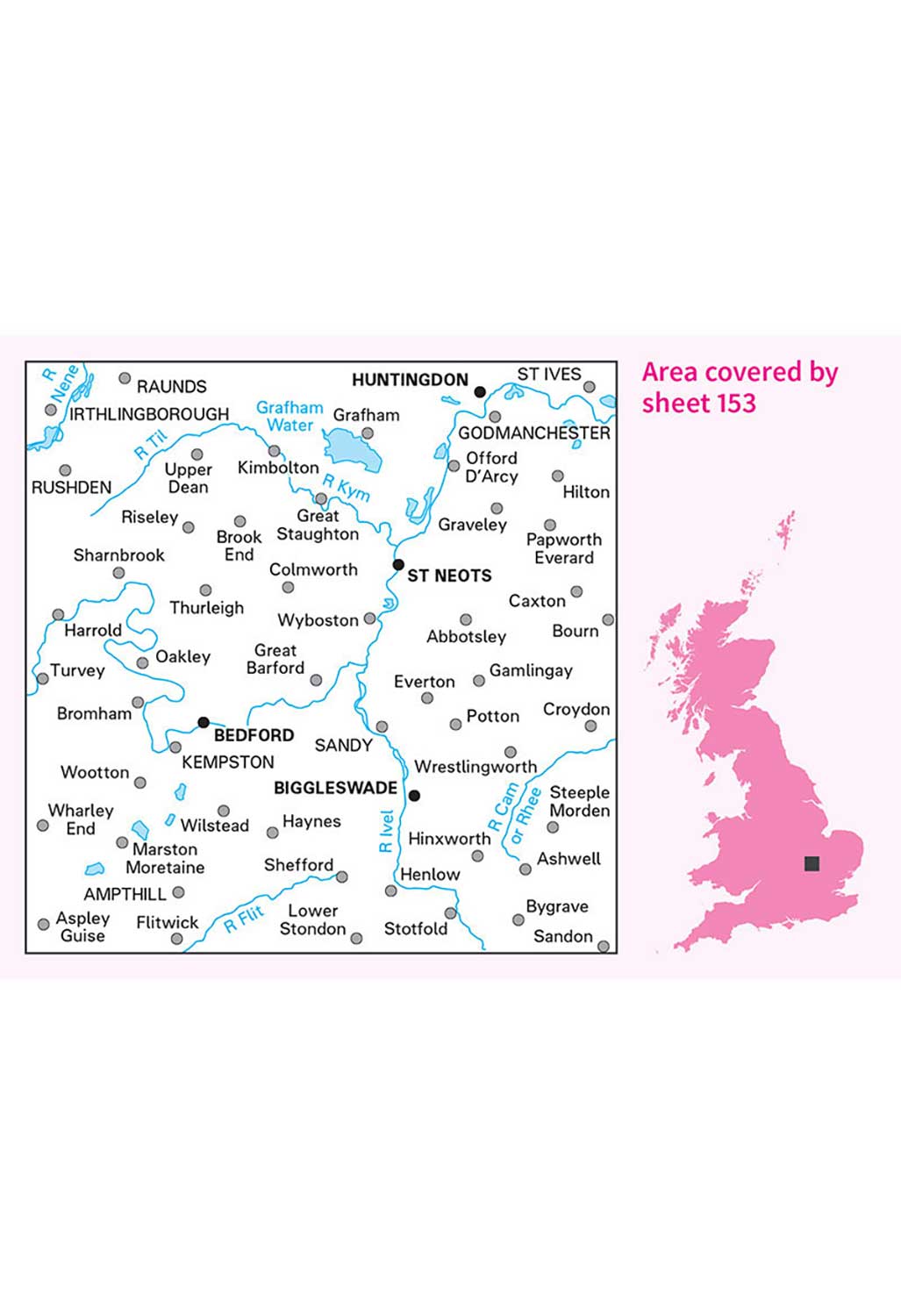 Ordnance Survey Bedford, Huntingdon, St Neots & Biggleswade - Landranger 153 Map