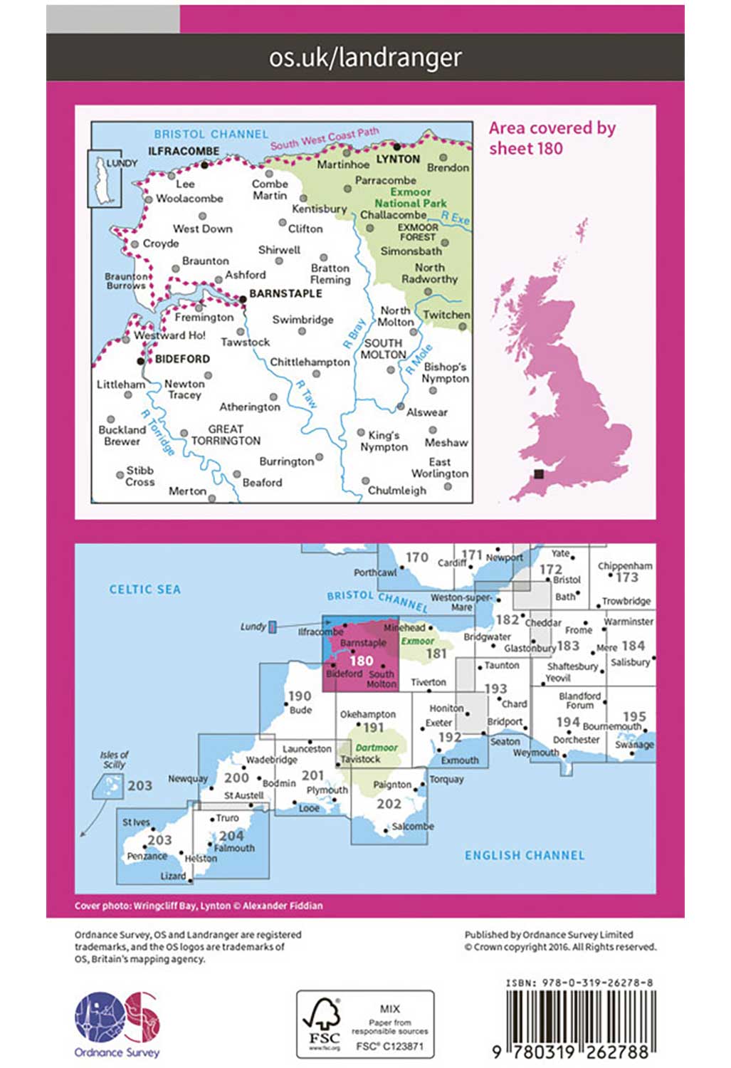 Ordnance Survey Barnstaple, Ilfracombe, Lynton & Bideford - Landranger 180 Map