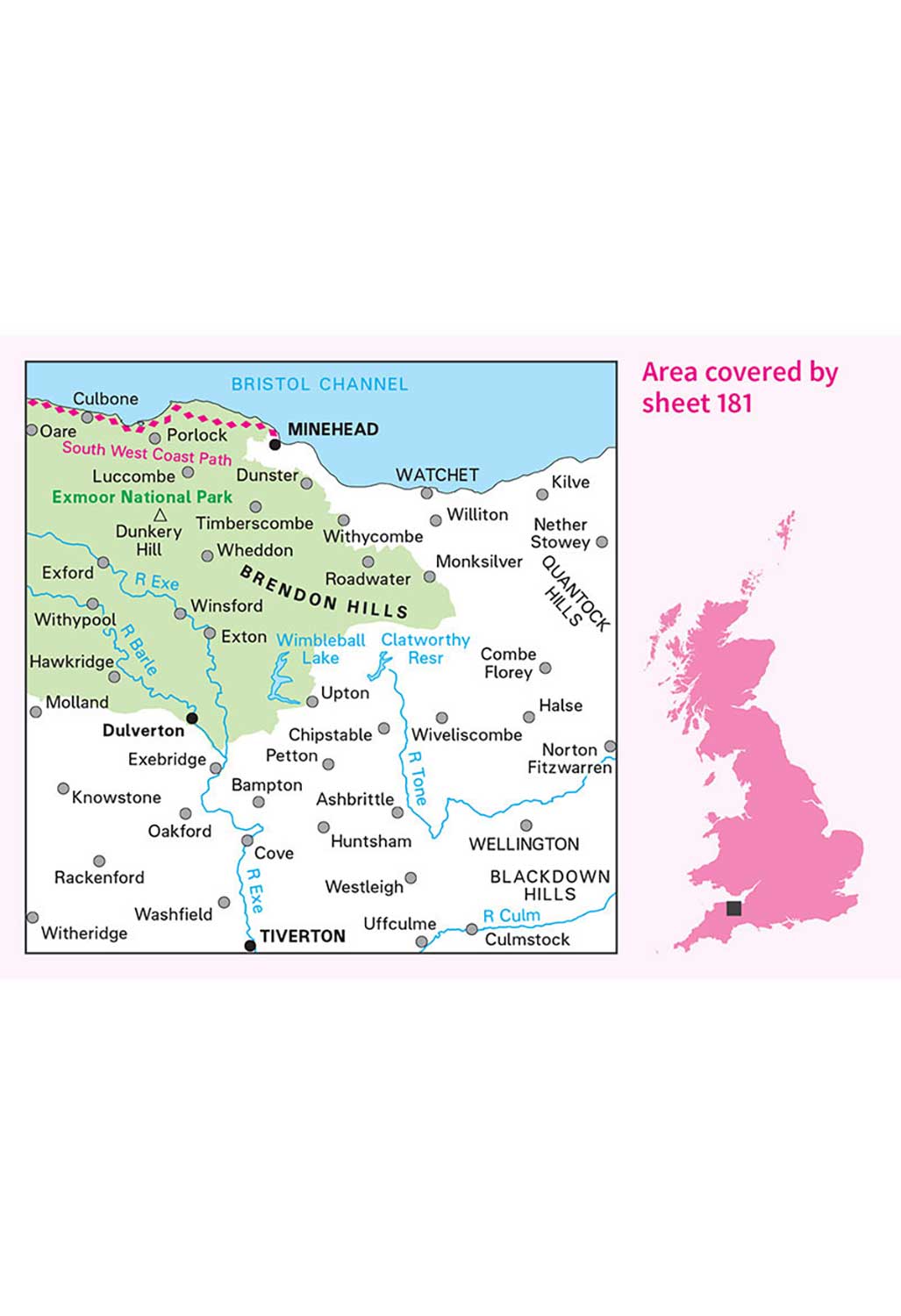 Ordnance Survey Minehead, Brendon Hills, Dulverton & Tiverton - Landranger 181 Map