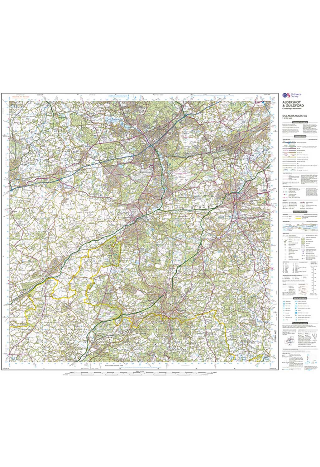 Ordnance Survey Aldershot, Guildford, Camberley & Haslemere - Landranger 186 Map