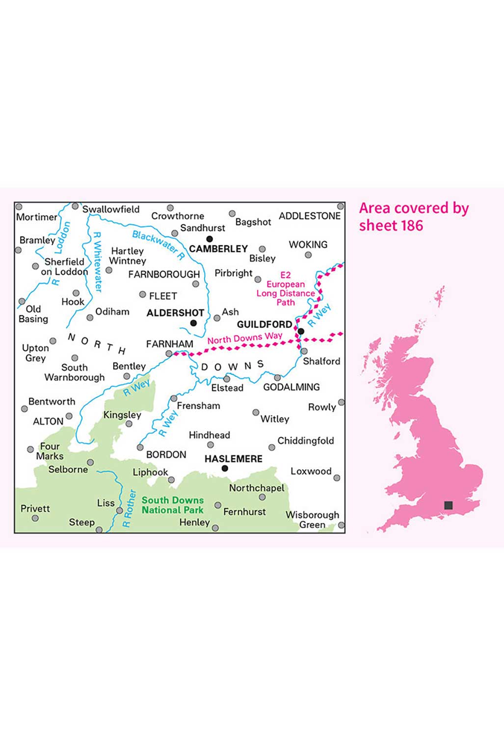 Ordnance Survey Aldershot, Guildford, Camberley & Haslemere - Landranger 186 Map