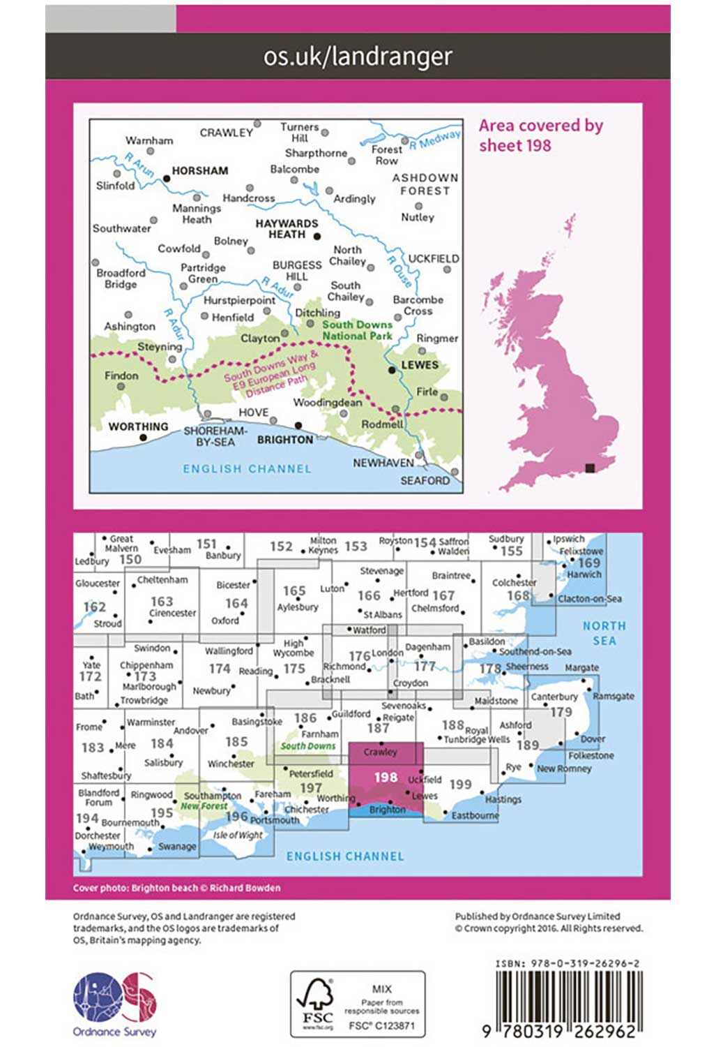 Ordnance Survey Brighton, Lewes & Haywards Heath - Landranger 198 Map