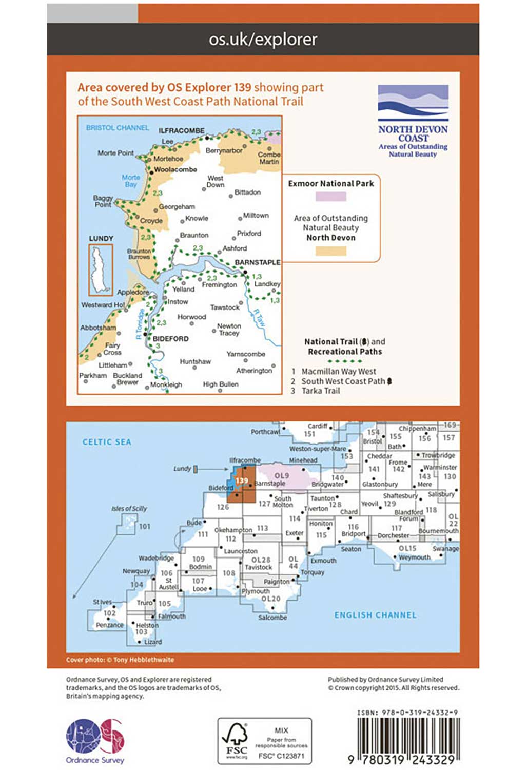 Ordnance Survey Bideford, Ilfracombe & Barnstaple - OS Explorer 139 Map