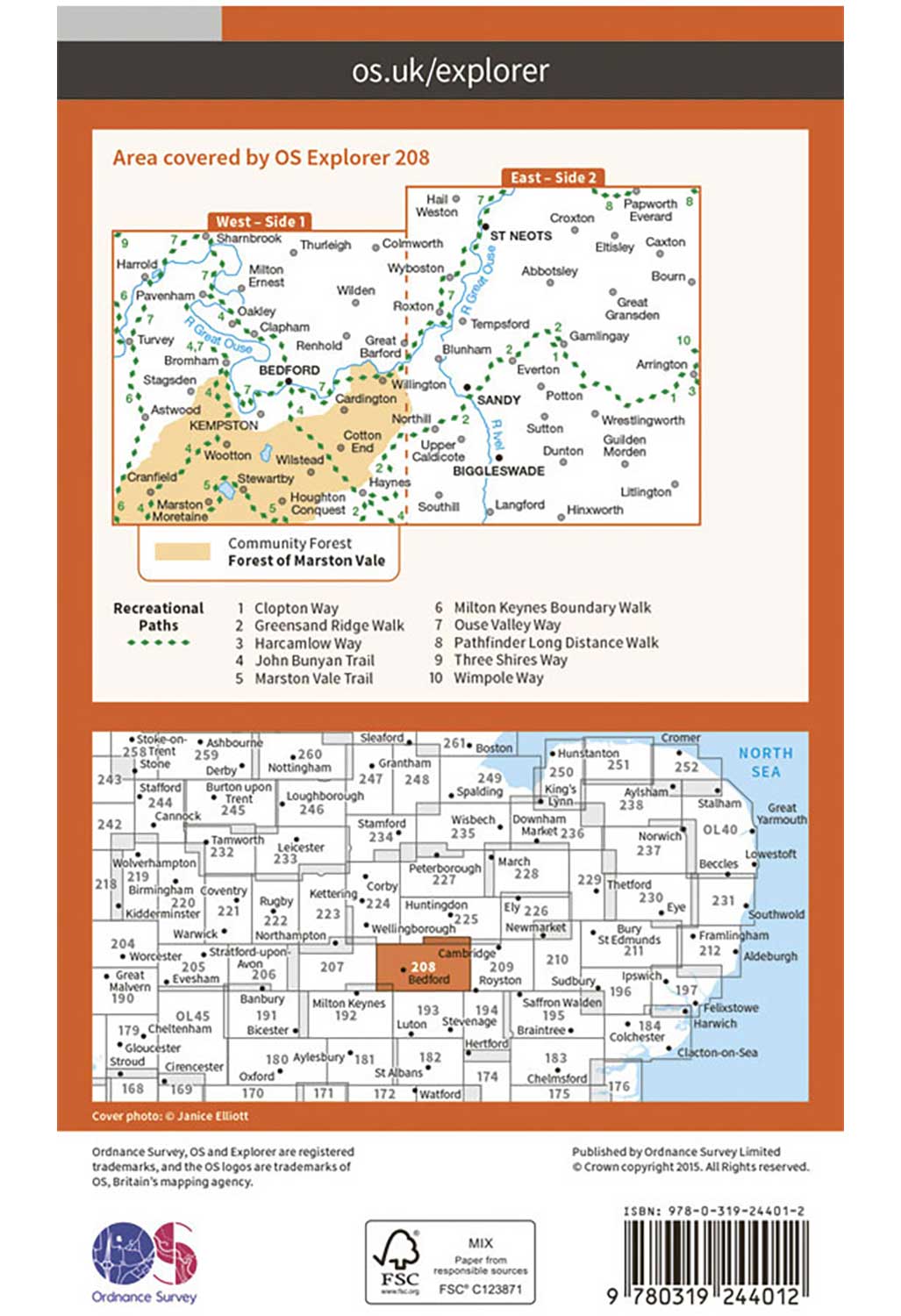 Ordnance Survey Bedford & St Neots, Sandy & Biggleswade - OS Explorer 208 Map