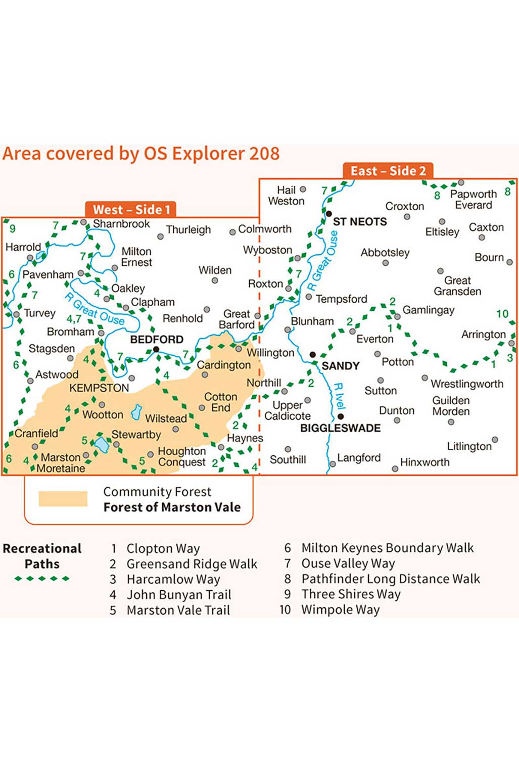 Ordnance Survey Bedford & St Neots, Sandy & Biggleswade - OS Explorer 208 Map