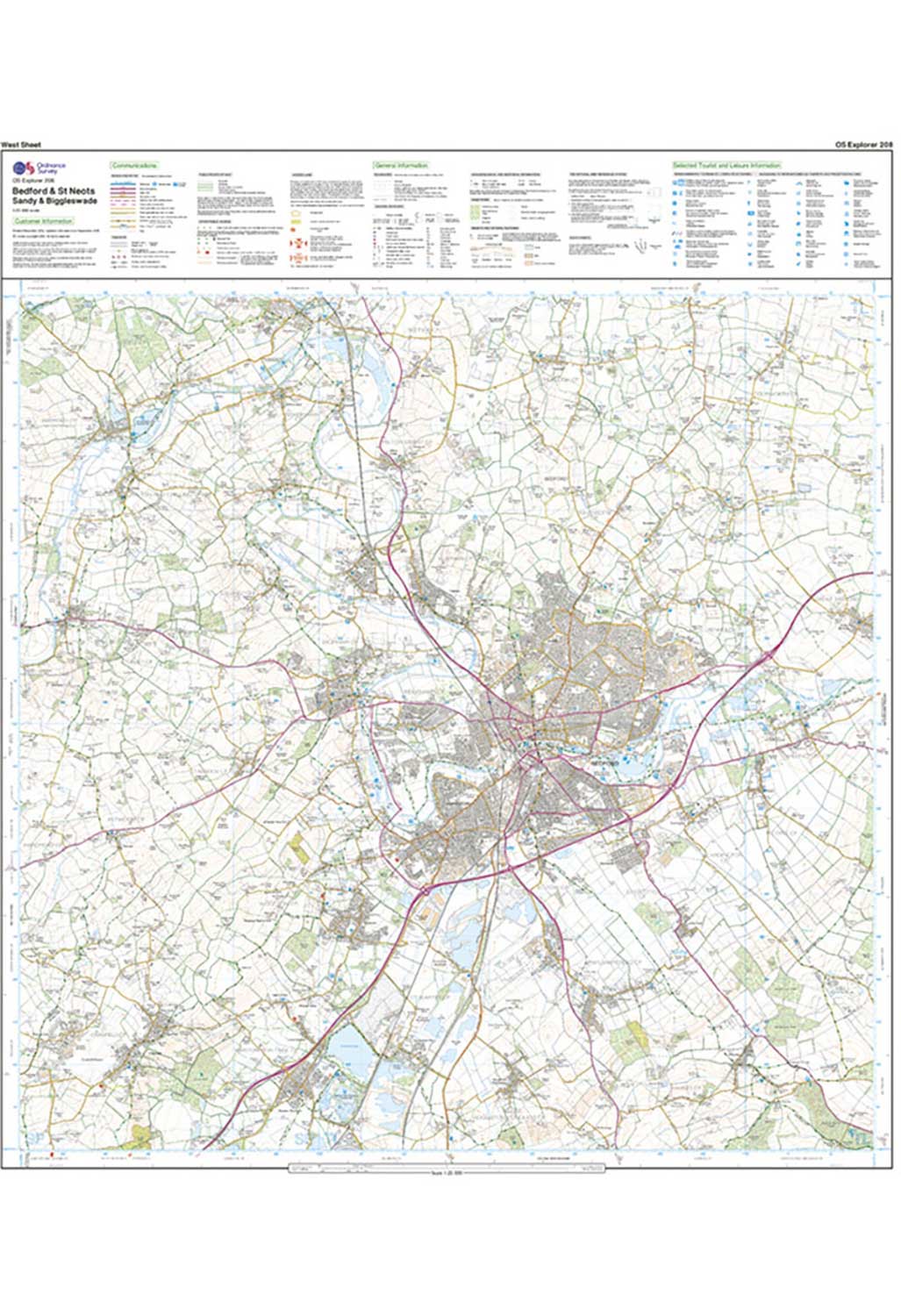 Ordnance Survey Bedford & St Neots, Sandy & Biggleswade - OS Explorer 208 Map