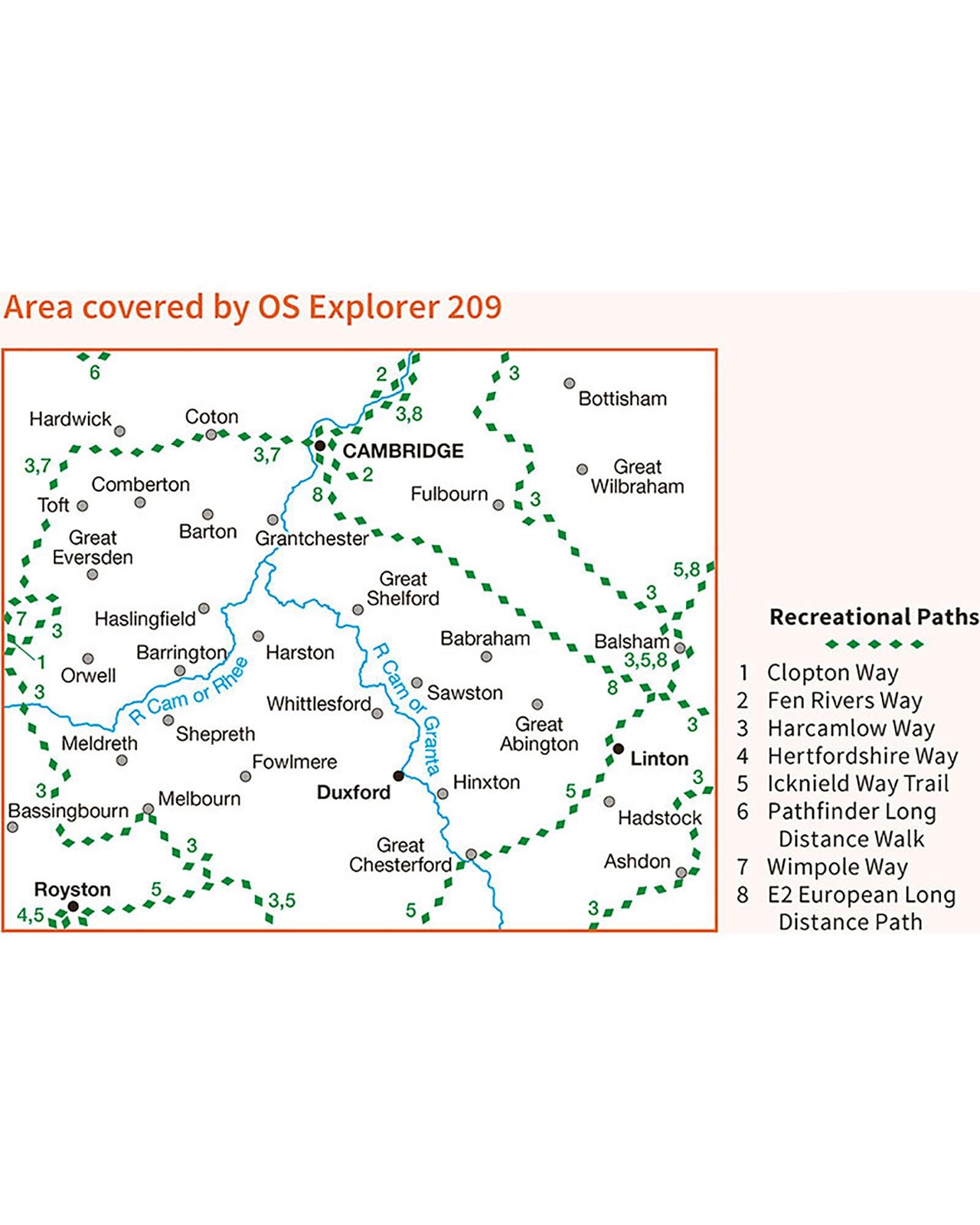 Ordnance Survey Cambridge, Royston, Duxford & Linton - OS Explorer 209 Map