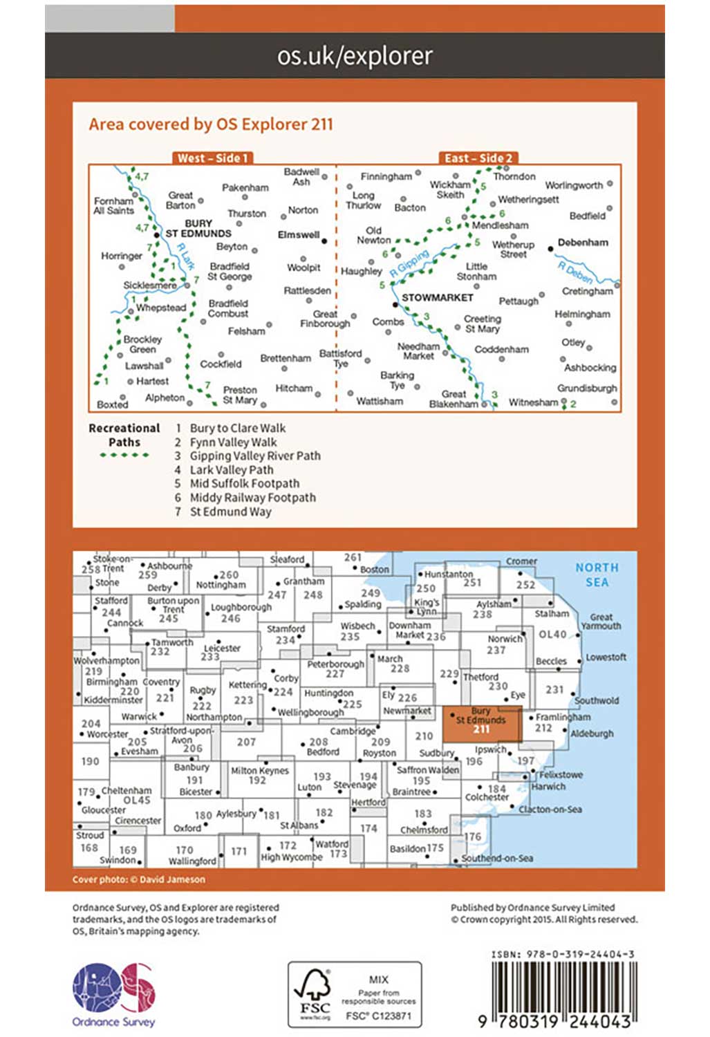 Ordnance Survey Bury St Edmunds & Stowmarket - OS Explorer 211 Map