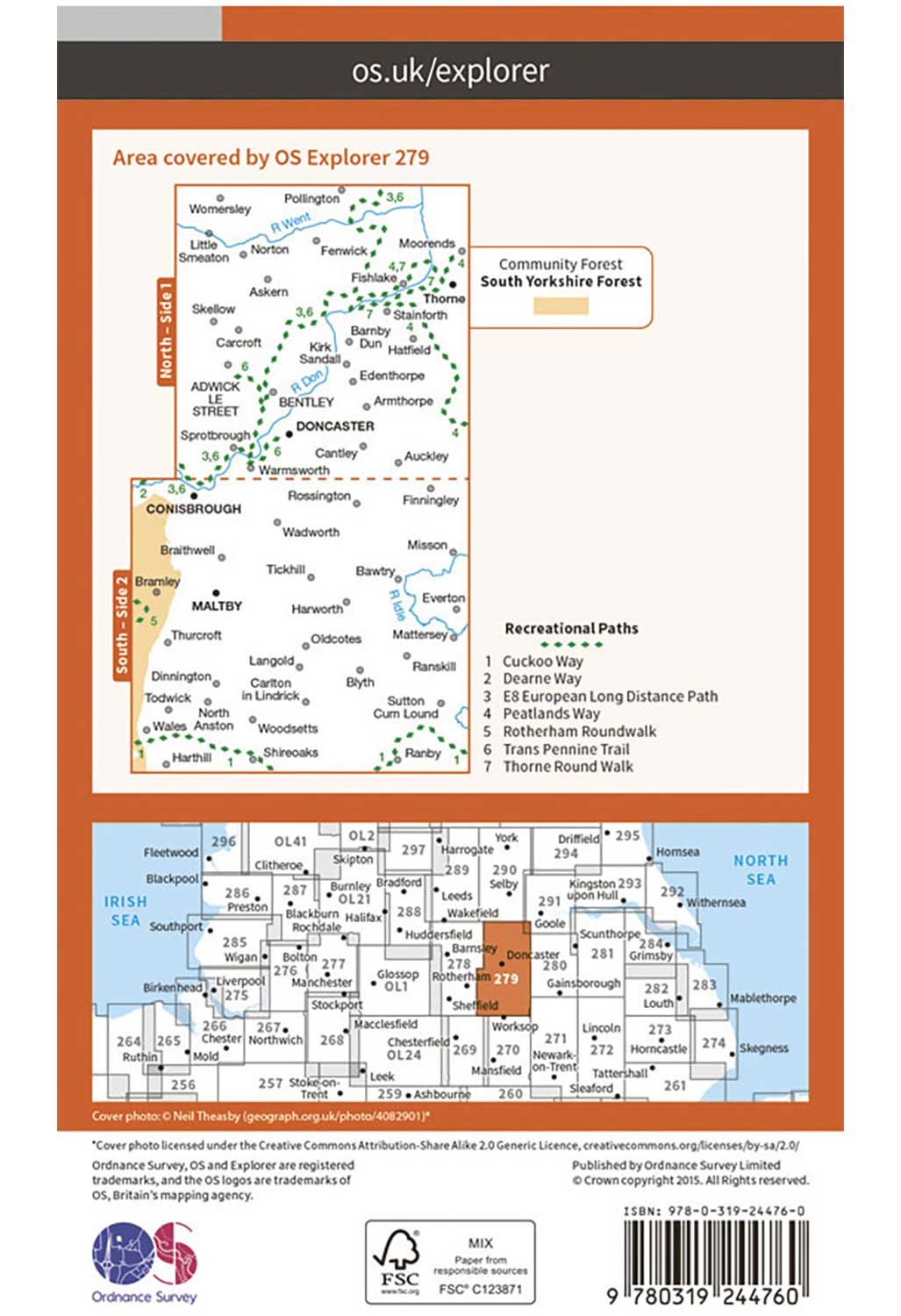 Ordnance Survey Doncaster, Conisbrough, Maltby & Thorne - OS Explorer 279 Map