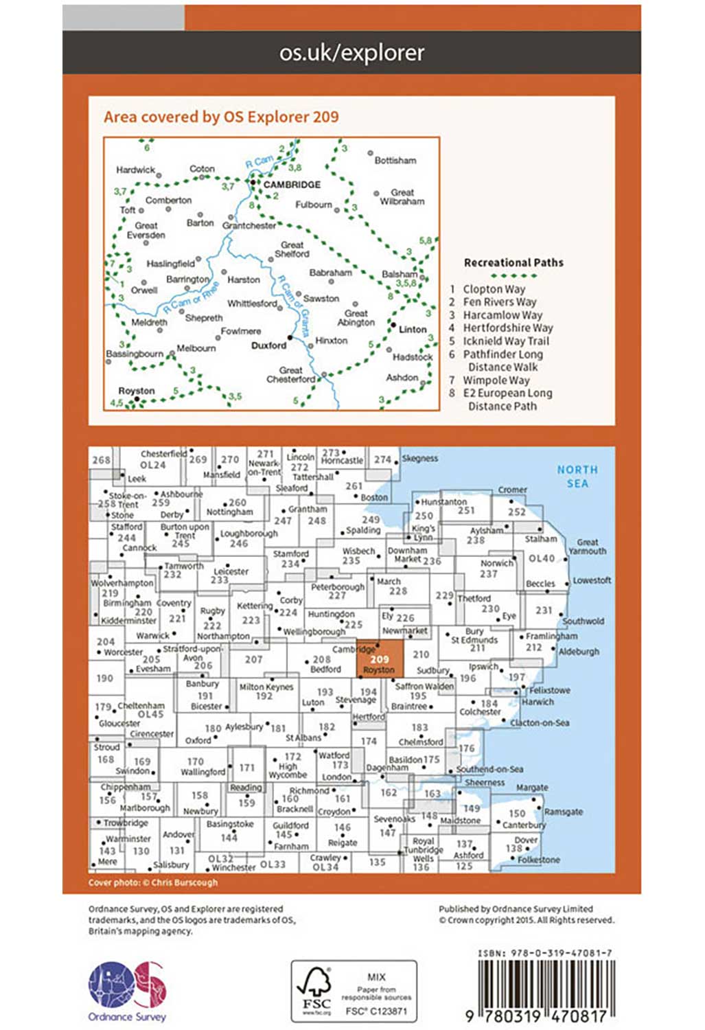 Ordnance Survey Cambridge, Royston, Duxford & Linton - OS Explorer Active 209 Map