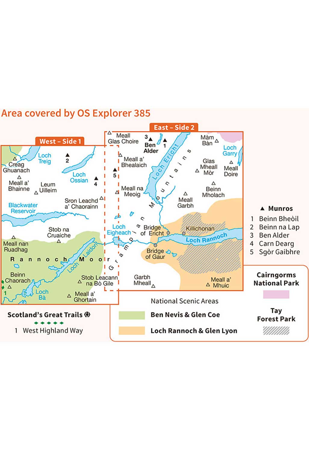Ordnance Survey Rannoch Moor & Ben Alder - OS Explorer Active 385 Map