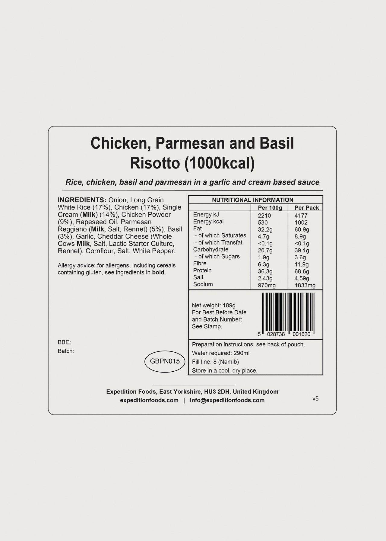 Expedition Foods Chicken, Parmesan and Basil Risotto - 1000 kcal