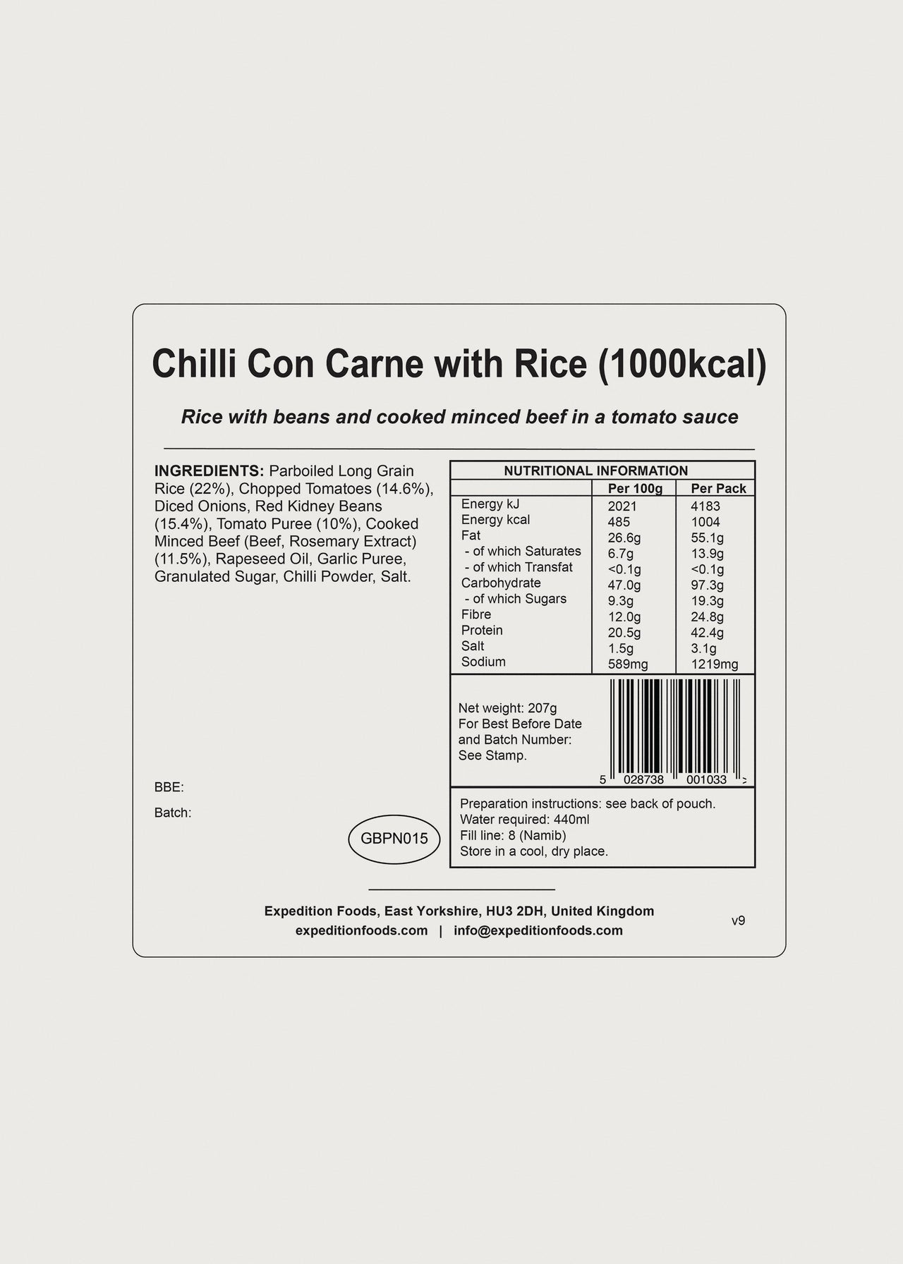 Expedition Foods Chilli Con Carne with Rice - 1000 kcal