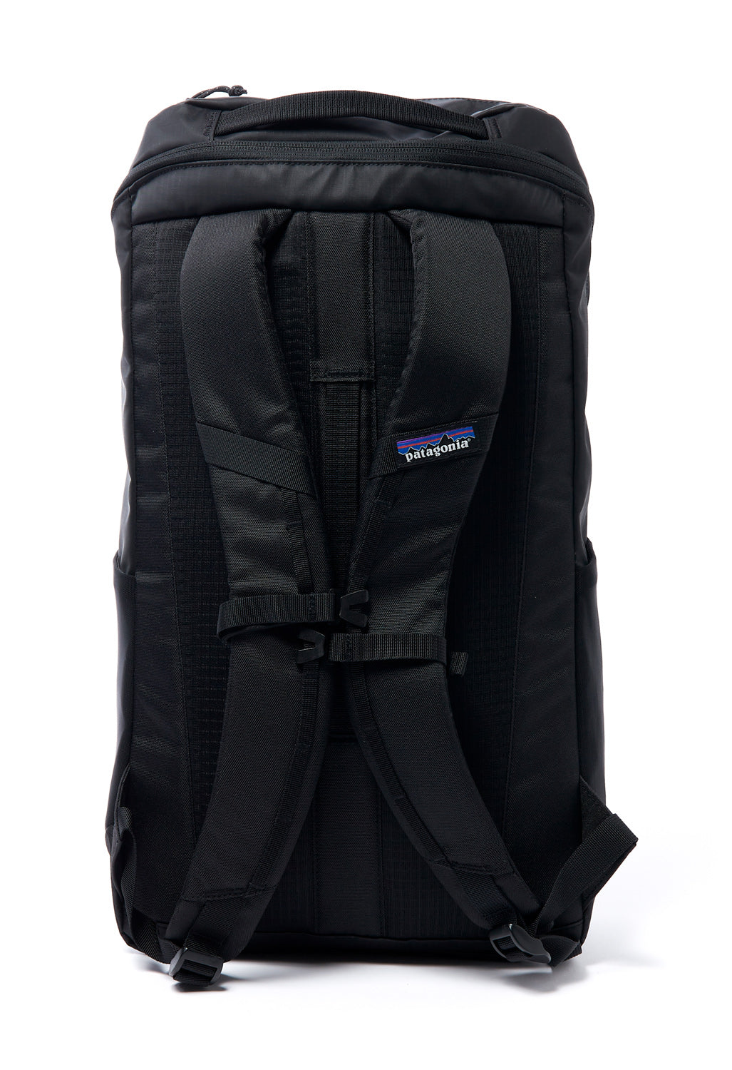 black shiny patagonia backpack Refugio Day Pack 32L with a front section that folds down to aid loading and unloading Patagonia Black Hole Pack -