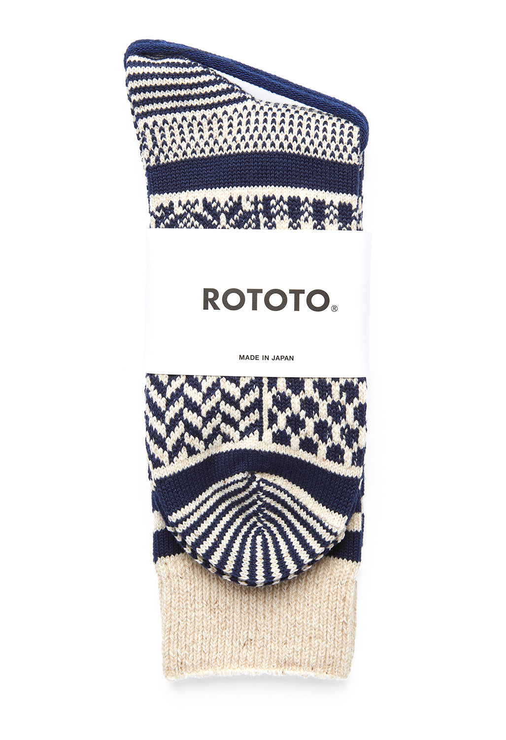 ROTOTO Multi Jacquard Crew Socks - Ivory/Navy