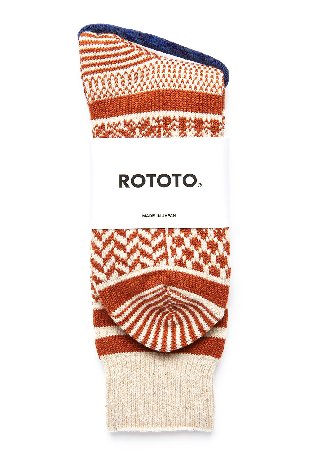 ROTOTO Multi Jacquard Crew Socks - Ivory/Rust
