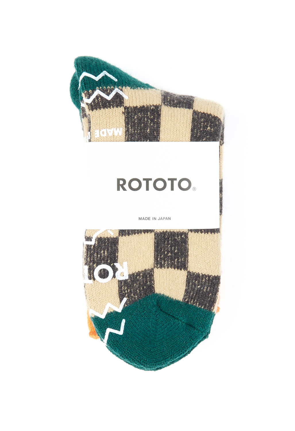 ROTOTO Pile Room Checkerboard Socks - Beige / Light Orange / Dark Green