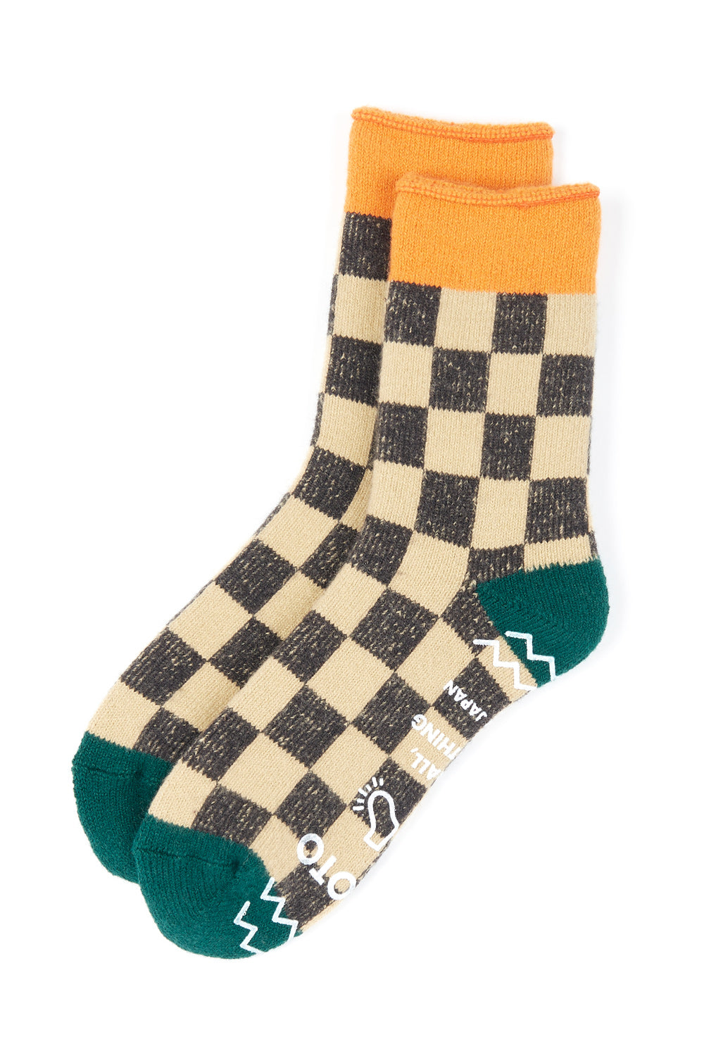 ROTOTO Pile Room Checkerboard Socks - Beige / Light Orange / Dark Green