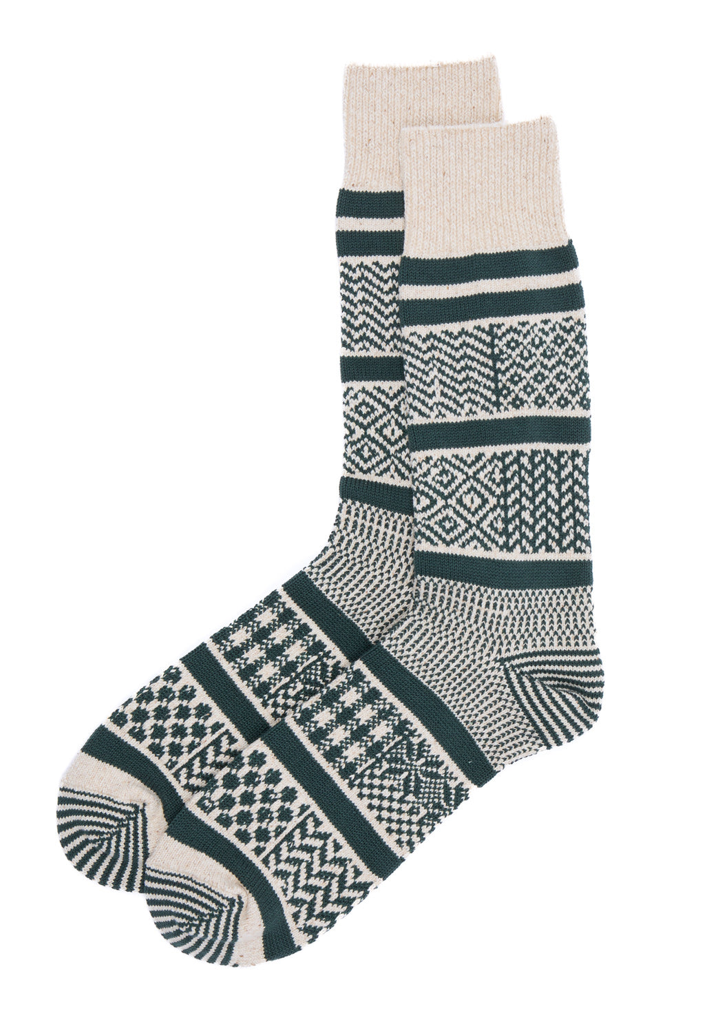 ROTOTO Multi Jacquard Crew Socks - Ivory / Dark Green