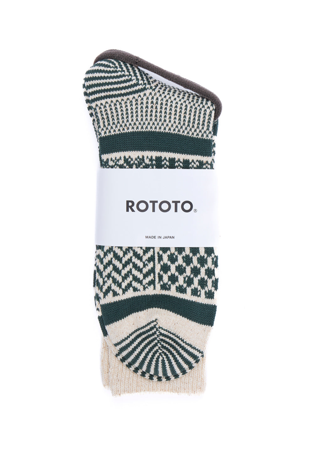 ROTOTO Multi Jacquard Crew Socks - Ivory / Dark Green
