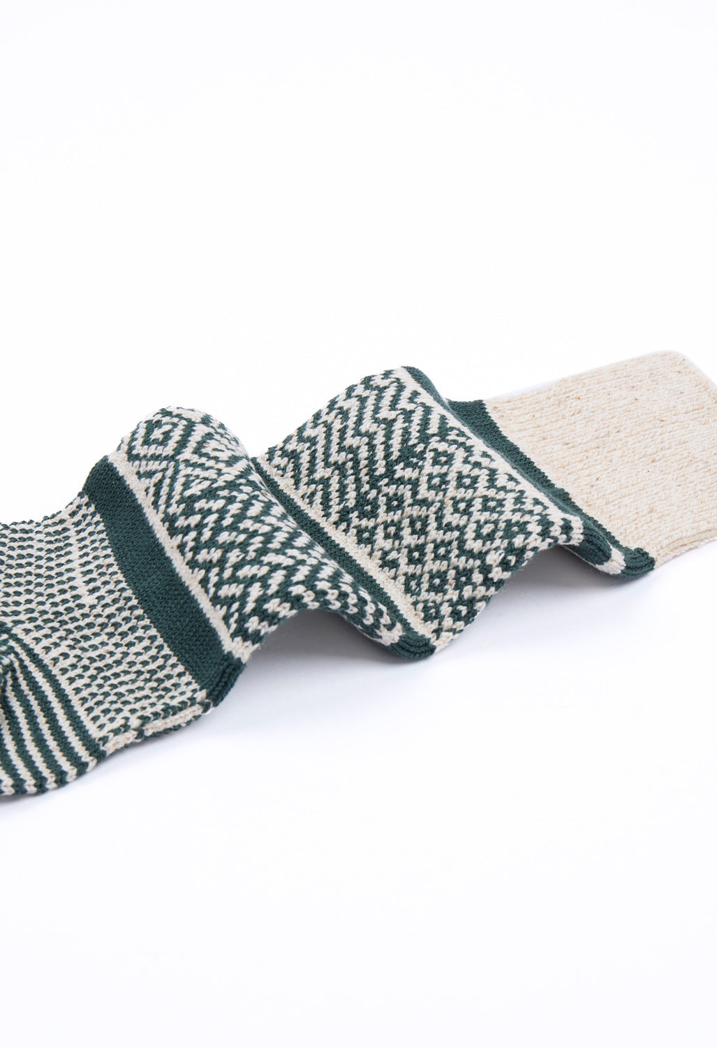 ROTOTO Multi Jacquard Crew Socks - Ivory / Dark Green