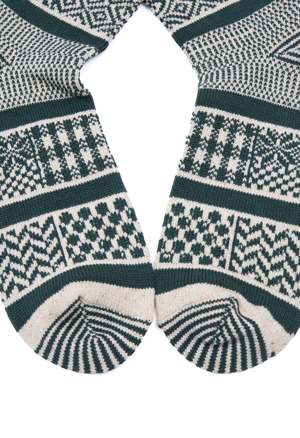 ROTOTO Multi Jacquard Crew Socks - Ivory / Dark Green