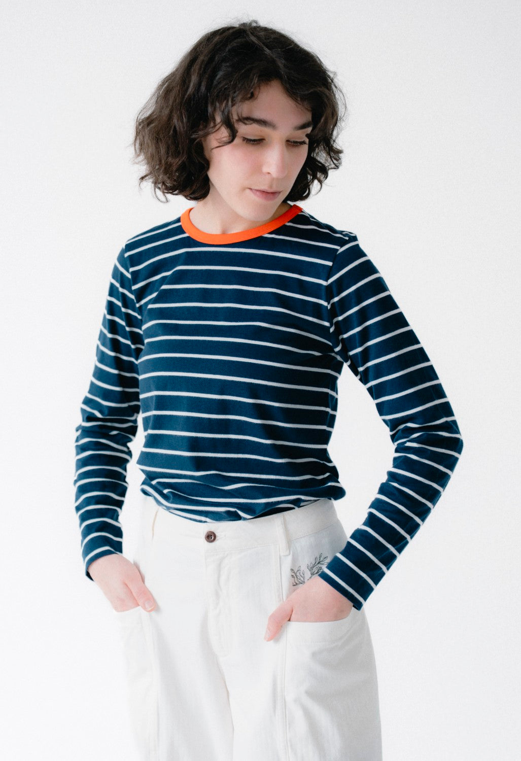 Finisterre Women's Eldon Long Sleeve Tee - Navy / Ecru / Flame