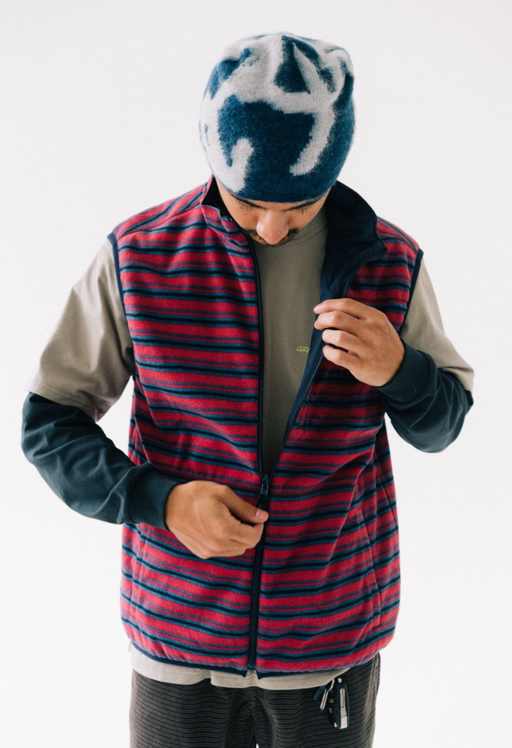 Gramicci Men's Thermal Fleece Reversible Vest - Berry Stripe